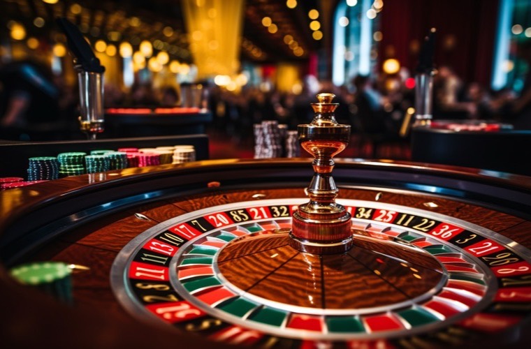 Mesa de ruleta iluminada en un casino