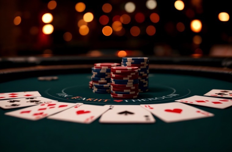 Fichas apiladas junto a las cartas en una mesa de casino